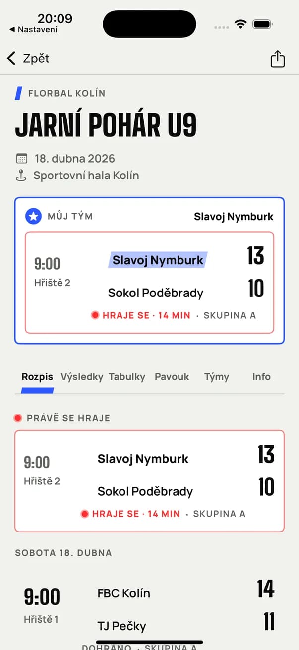 iPhone app with the schedule, a followed team and a live match