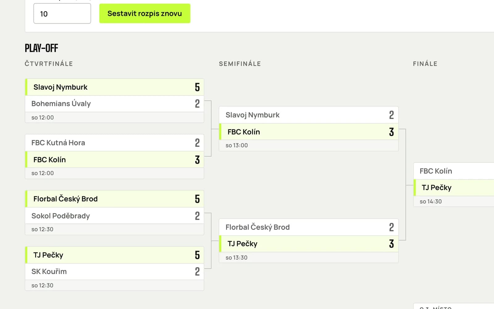 Play-off schedule in the organizer area with draggable match cards