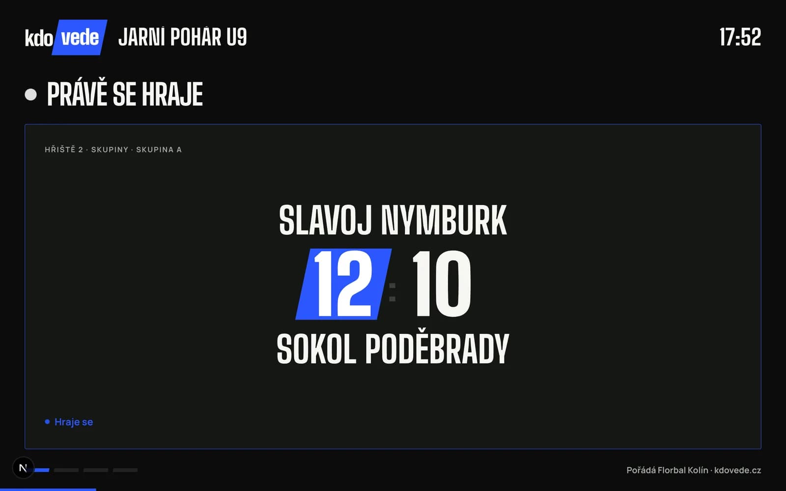 Hall screen with the big score of a match in progress