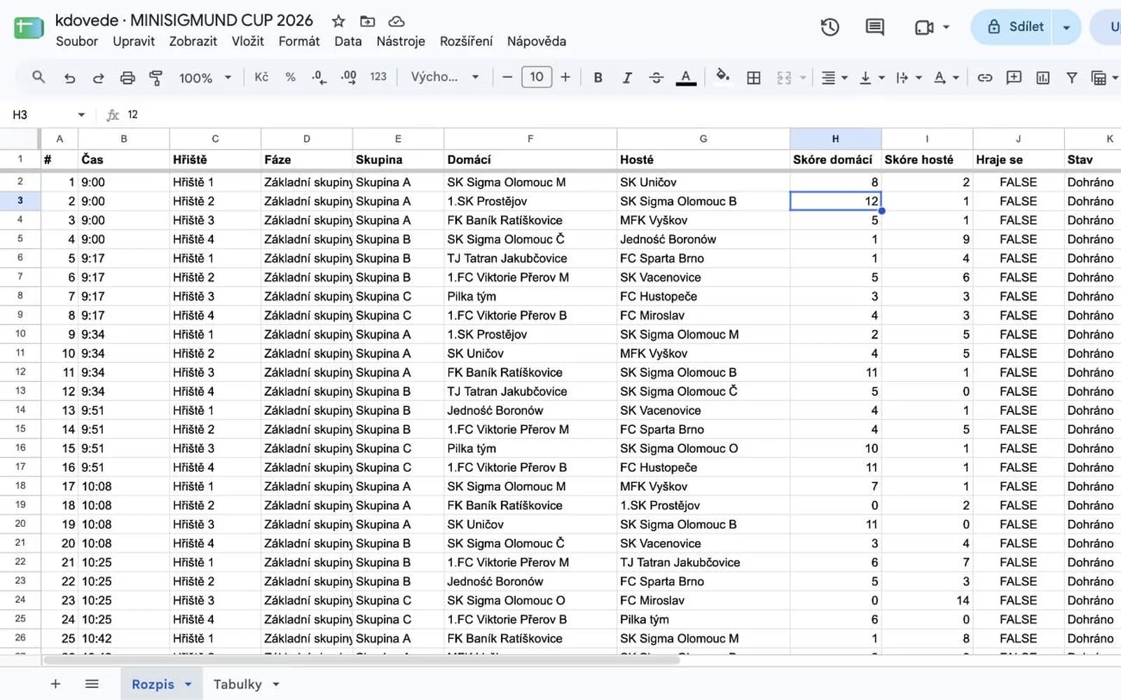 Google Sheet with the tournament schedule and score columns