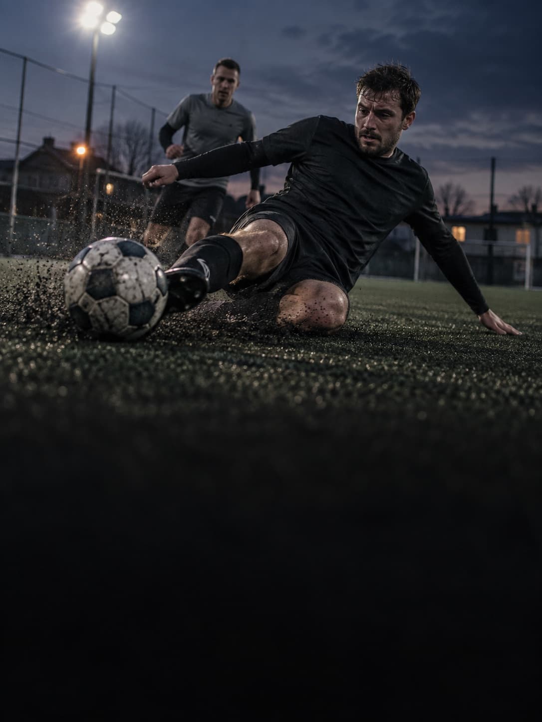 Football player sliding on artificial turf
